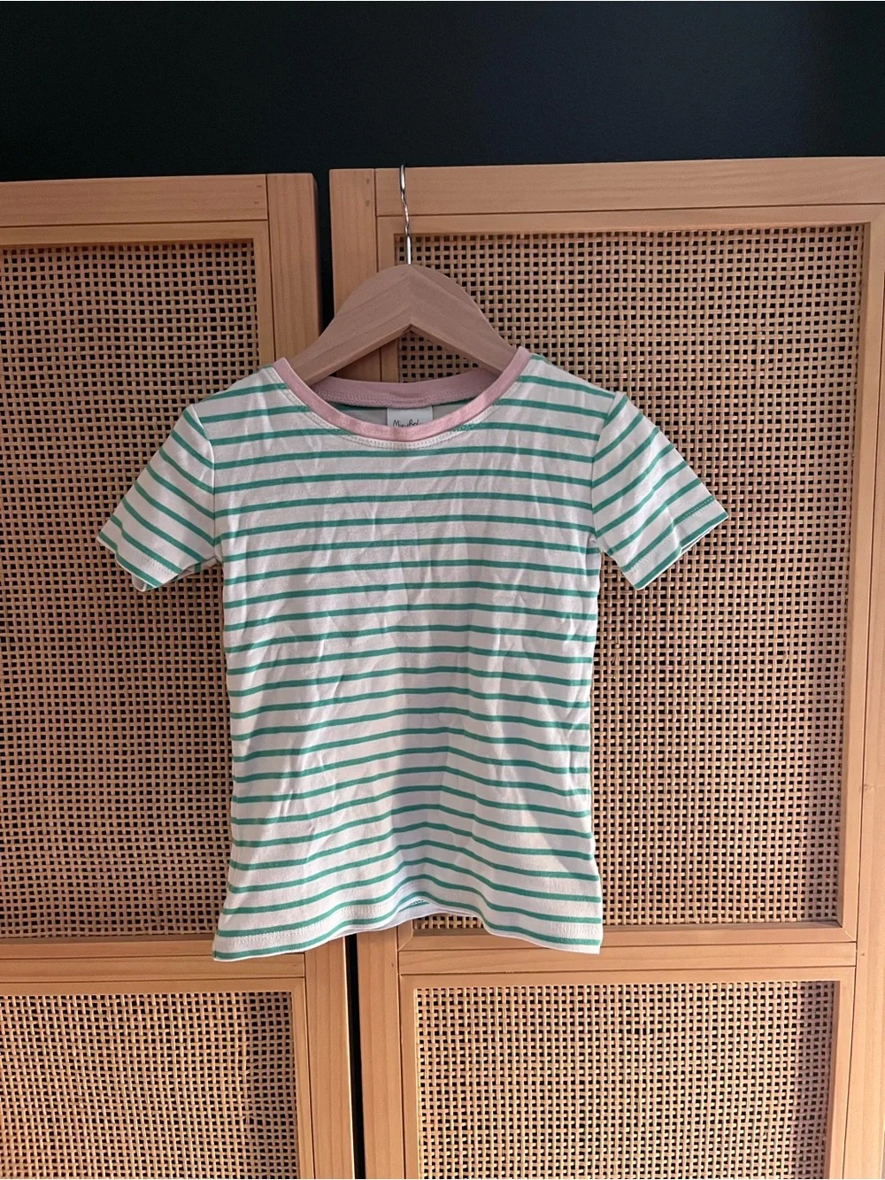 Mini Boden 4Y Green Stripe Tee with Pink Neckline